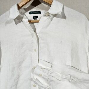 LAUREN Ralph Lauren Womens 1X White Linen Button Down Shirt Classic Coastal